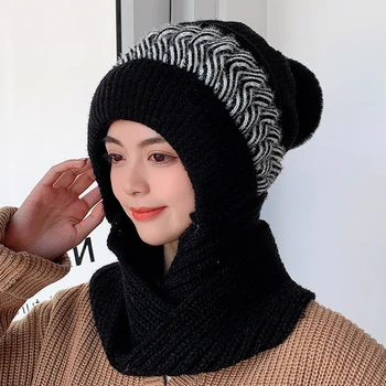 2 в 1 Зимняя утепленная плюшевая вязаная шапка с шарфом в одном Для женщин и детей, Теплая мягкая соединенная Зимняя одежда для велоспорта на открытом воздухе, ветрозащитная