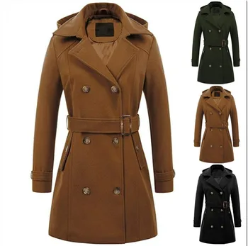 2023 Осенне-зимнее Шерстяное женское пальто Однотонного цвета с Поясом и капюшоном, Женская Твидовая куртка