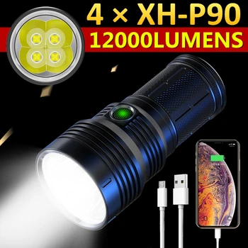 4 * XHP90 Светодиодный мощный фонарик для охоты на открытом воздухе, встроенный 18650, зарядка через USB, 12000лм, мощный фонарь для кемпинга, тактический фонарь