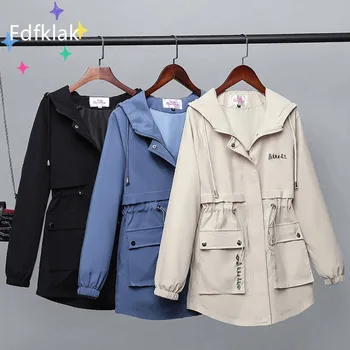 Fdfklak 4XL, женская куртка с капюшоном на молнии, весна-осень, Новая Корейская мода, Свободная универсальная ветровка с вышивкой, Женский тренч, пальто