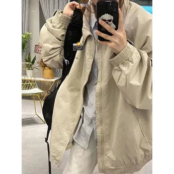 HOUZHOU Винтажные куртки Оверсайз, Женская Японская осенняя Уличная одежда, Корейская мода, пальто на молнии, Женская эстетическая куртка 90-х, Повседневная