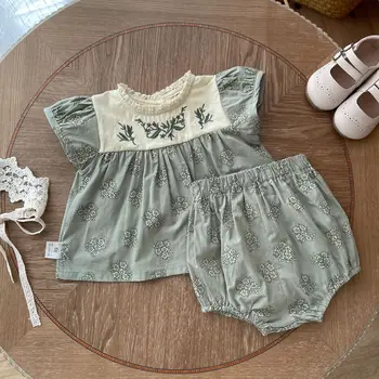 Ins/Комплекты одежды для маленьких девочек 2023, Летние Корейские топы с короткими рукавами и цветочным рисунком + Шорты, Костюм-двойка для девочек, одежда для малышей