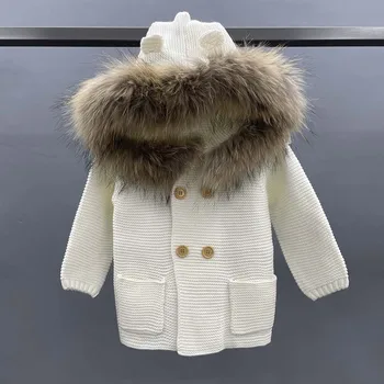 JANEFUR/Детская одежда, Вязаный Кардиган с капюшоном, Милый детский свитер с воротником из меха енота, Теплое зимнее пальто