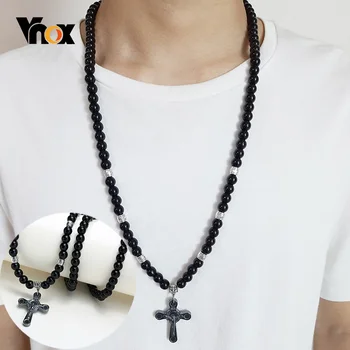 Vnox Мужские черные Сердоликовые Четки из камня Ожерелье Крест Распятие Католические мужские религиозные Молитвенные украшения