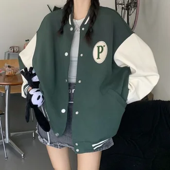 Бейсбольная куртка HOUZHOU Harajuku Женская Оверсайз В Корейском стиле, куртки для колледжа, зеленые куртки-бомберы, Уличная одежда, пара Свободных
