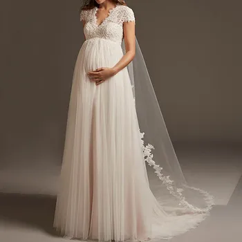 Богемное Тюлевое Кружевное Свадебное платье для беременных с коротким рукавом и открытой спиной Для беременных, Свадебное платье для