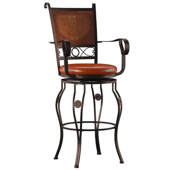 Большой и высокий 30-дюймовый барный стул с металлической штампованной спинкой с поворотом и подлокотниками, насыщенная бронза с теплой искусственной кожей ржавчины