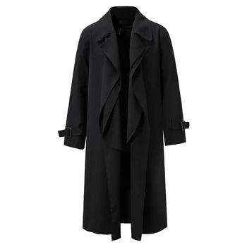 Весенне-осенняя трендовая мужская ветровка, свободный плащ без пряжки, пальто средней длины, тонкая уличная одежда с драпировкой, черный