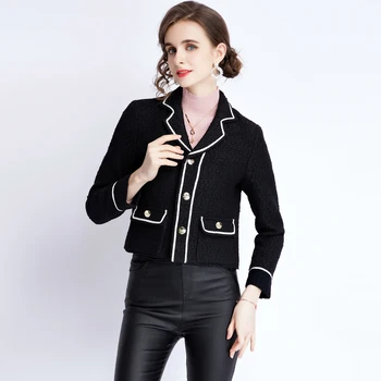 Высококачественная Модная Женская Офисная Однобортная куртка из черного твида, пальто, Женский зубчатый воротник, Шерстяная верхняя одежда с длинным рукавом
