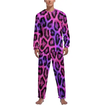 Двухцветная пижама с принтом Гепарда, Мужские Милые Пижамные комплекты с длинными рукавами, 2 предмета, Повседневная осенняя пижама с рисунком, подарок