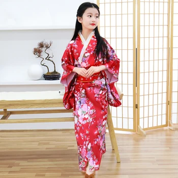 Детское Красное Японское Кимоно для девочек, Халат, одежда для выступлений с цветочным принтом, Юката с Надписью, мягкий костюм для Косплея
