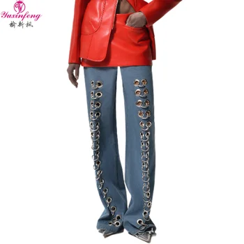 Джинсы Yuxinfeng Design с металлическими отверстиями и низкой талией Y2k, женские персонализированные прямые брюки с париком, Свободные повседневные джинсы, модные брюки