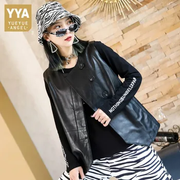 Женская повседневная куртка без рукавов из натуральной кожи с круглым вырезом, однобортный жилет-карго, Дизайнерский черный жилет в стиле хип-хоп