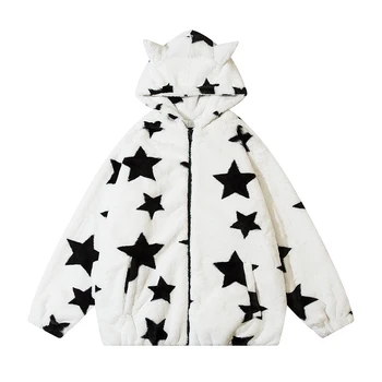 Женская хлопчатобумажная куртка с капюшоном, модный принт пятиконечная звезда, винтажный шерстяной зимний свободный утолщенный кардиган на молнии, хлопчатобумажная одежда
