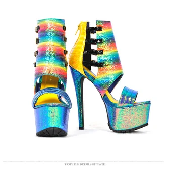 Женские Пикантные Разноцветные Клубные Босоножки на платформе на высоком каблуке, модные вечерние туфли с ремешком и пряжкой, разноцветные вечерние туфли