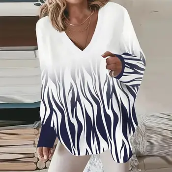 Женский весенне-осенний топ с V-образным вырезом, Свободный пуловер с длинными рукавами и принтом в виде кошачьего сердца, нерегулярный подол, Женская футболка, блузка