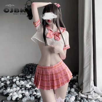 Женский Сексуальный школьный костюм OJBK, костюмы для Косплея Юных Леди, Прозрачный топ с плиссированной мини-юбкой, комплект из японского аниме Kawaii