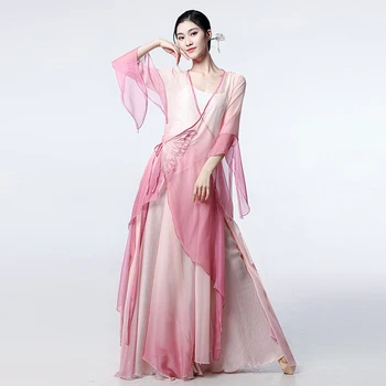 Женское платье для классических танцев в китайском стиле, шифоновое газовое платье, струящийся тренировочный костюм для девочек, танцевальный костюм для выступлений
