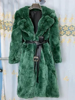 Зимняя Женская импортная шуба из натурального кролика Рекс X-long, куртка из натурального кроличьего меха, Толстое теплое женское пальто