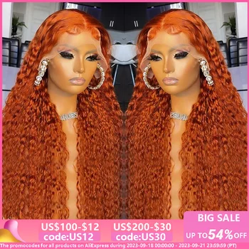 Имбирно-оранжевый 13x6 Прозрачный парик с глубокими волнами на кружеве, цветной парик на кружеве, водяные кудрявые парики из человеческих волос для женщин