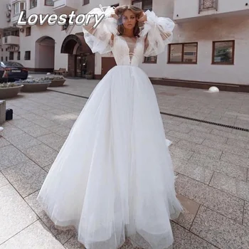 Классические свадебные платья из тюля С Пышными Длинными рукавами, Платья для Невесты Трапециевидной Формы, V-образный вырез, Свадебные платья без спинки, Аппликации Vestidos De Noiva