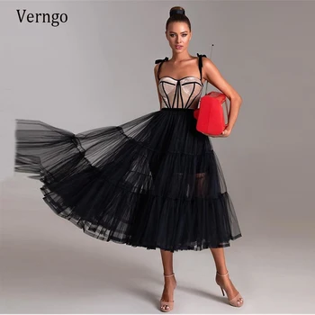 Короткое вечернее платье трапециевидной формы Verngo Черного и светло-коричневого цветов на тонких бретельках 2021, велюровая юбка из тюля, вечерние платья чайной длины