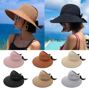Летние Соломенные шляпы Для женщин, Солнцезащитная кепка с широкими полями и козырьком, Пляжные шляпы с Милым Бантом, Полая Дышащая Соломенная шляпа с Хвостиком, Пустая верхняя Кепка