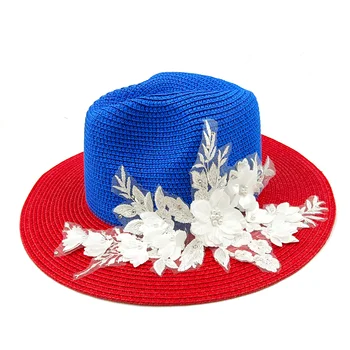 Летняя шляпа с вышитым объемным цветком, мужская и женская соломенная шляпа, солнцезащитная шляпа, пляжная шляпа, голубая роза, соломенная шляпа, сомбреро