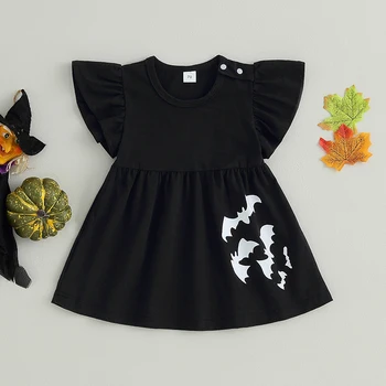 Милое платье для маленьких девочек на Хэллоуин от 0 до 3 лет, с развевающимися рукавами и круглым вырезом, платье трапециевидной формы с мультяшным принтом летучей мыши