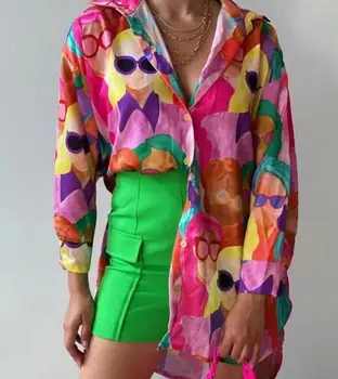 Модная блузка 2023, летняя рубашка миди с новым персонажем и мультяшным принтом, Кардиган на пуговицах с лацканами, рубашка с длинными рукавами, модная уличная одежда