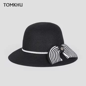 Модная Роскошная Соломенная шляпа ручной работы для женщин, Черная шляпа в белую полоску, Женская Элегантная панама, Летняя солнцезащитная кепка