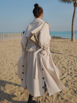 Модный длинный двубортный женский тренч в Корейском стиле, бежевый пыльник, пальто для леди, весенне-осенний женский плащ, верхняя одежда