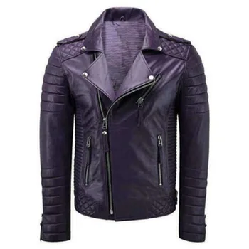 Мужская байкерская куртка из натуральной овечьей кожи, стеганая мотоциклетная фиолетовая кожаная куртка, пальто