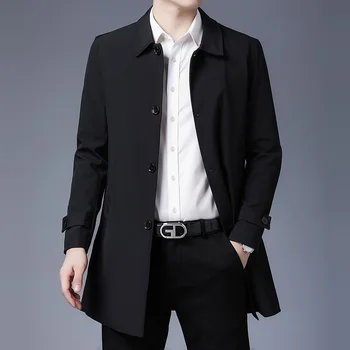 Мужская весенняя куртка 2023, Новое поступление, Мужская деловая Повседневная Длинная куртка черного цвета Хаки, высококачественный однобортный однотонный тренч
