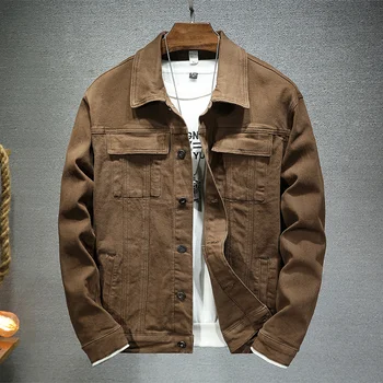 Мужская коричневая джинсовая куртка 2023 Весна и осень, Новая Модная Высококачественная Стрейчевая приталенная куртка, Джинсовая мужская Брендовая одежда