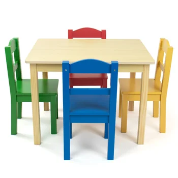 Набор деревянных столов и 4 стульев для начальной школы Humble Crew, натуральное дерево / Набор детских столов и стульев для начальной школы