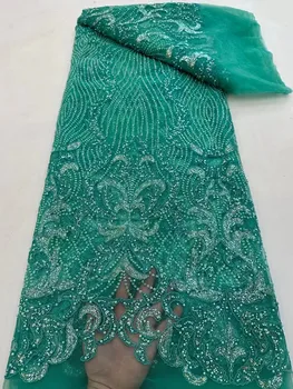 Нигерийская кружевная ткань с вышивкой из бисера 5 ярдов 2023, Высококачественная африканская ткань из французского тюля с блестками для пошива женского платья