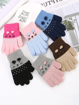 Перчатки с милым Мультяшным котом Для девочек, Зимние Толстые вязаные Варежки для мальчиков, Детские варежки для новорожденных, Детские теплые перчатки для пальцев