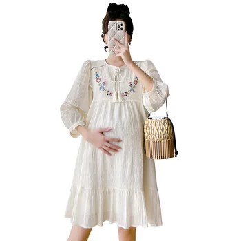 Платья для беременных с цветочной вышивкой, Рукав-фонарь, Милое Платье с оборками, Плюс Размер, Свободная Одежда для беременных