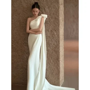 Платья невесты, торжественное свадебное платье на одно плечо, вечернее платье, Белая атласная вуаль со шлейфом, H235
