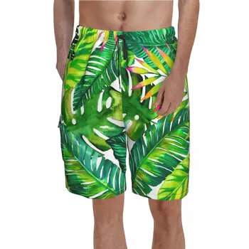 Пляжные шорты с зелеными пальмовыми Листьями, забавные пляжные шорты с принтом тропических растений, Мужские Плавки Большого размера с принтом, Подарок на День Рождения