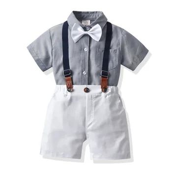 Популярная однотонная рубашка для мальчиков 2-6 лет, детский летний джентльменский серый топ с короткими рукавами, Белые шорты, Детские костюмы на день рождения и свадьбу