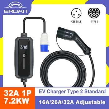 Портативное Автомобильное зарядное устройство EV 7,2 кВт 32A 1P Model2 Тип 2 IEC 62196-2 Регулируемый Кабель Для Зарядки домашнего электромобиля длиной 5 М CEE Plug