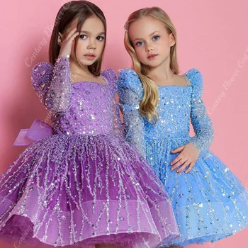Розовые платья с блестками и цветочным узором для девочек трапециевидной формы, длинный рукав, квадратный воротник, расшитое бисером платье для причастия, платья для свадебных вечеринок для девочек