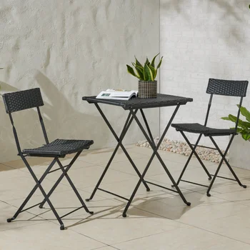 Роскошный домашний складной набор для бистро в патио – стол и стулья для кафе из ротанга и стали из 3 предметов, черный