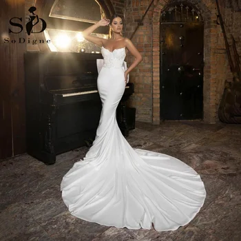 Свадебные платья Русалки SoDigne с бантом, Белое атласное кружевное платье невесты для влюбленных, vestidos de novia со шнуровкой сзади