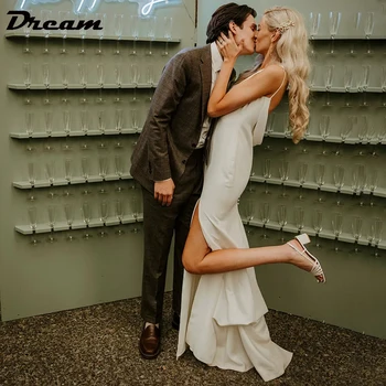 Свадебные платья Русалки с крепом на бретельках DREAM, V-образный вырез, 2023, Простое свадебное платье с разрезом по бокам и капюшоном сзади