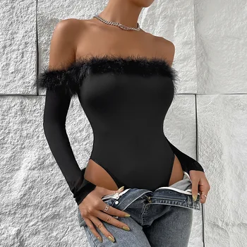 Сексуальное Женское боди из перьев с открытыми плечами, тонкая футболка с длинным рукавом, клубная одежда Y2K, облегающее боди, комбинезоны, Топы с высокой талией