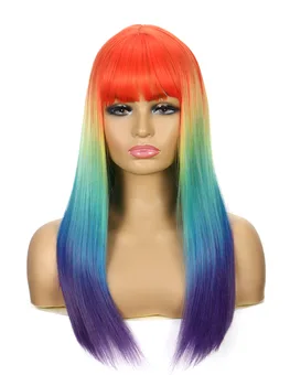 Синтетические парики GAKA, Радужные парики С прямой челкой, Многоцветные градиентные волосы для косплея в стиле Лолиты из термостойкого волокна, женские