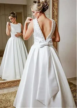 Скромное атласное свадебное платье трапециевидной формы с жемчугом, без рукавов, с бантом ручной работы, свадебное платье с открытой спиной, vestido madrinha